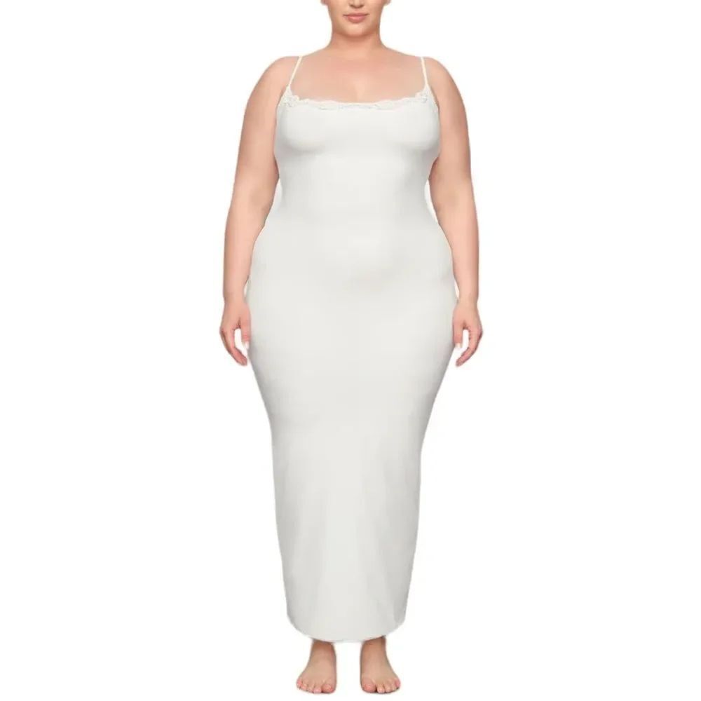 NWT SKIMS White Fits Everybody Corded Lace Long Slip Maxi CamiβDress In Marble